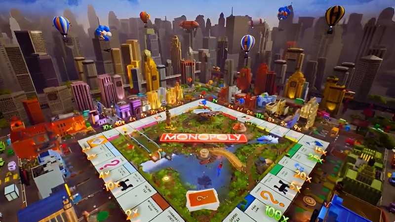 Vue aérienne du plateau 3D de Monopoly Live avec Mr Monopoly